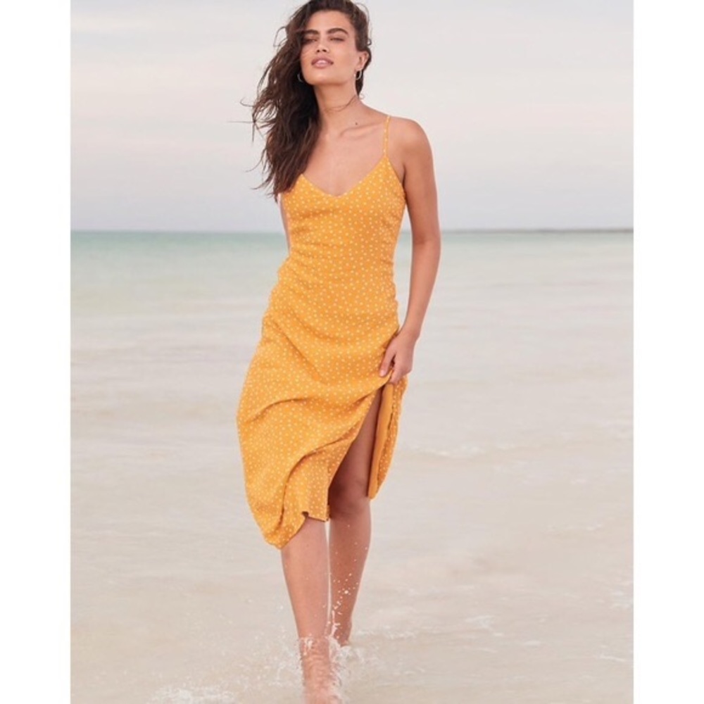 Abercrombie side slit midi dress yellow polka dot XS